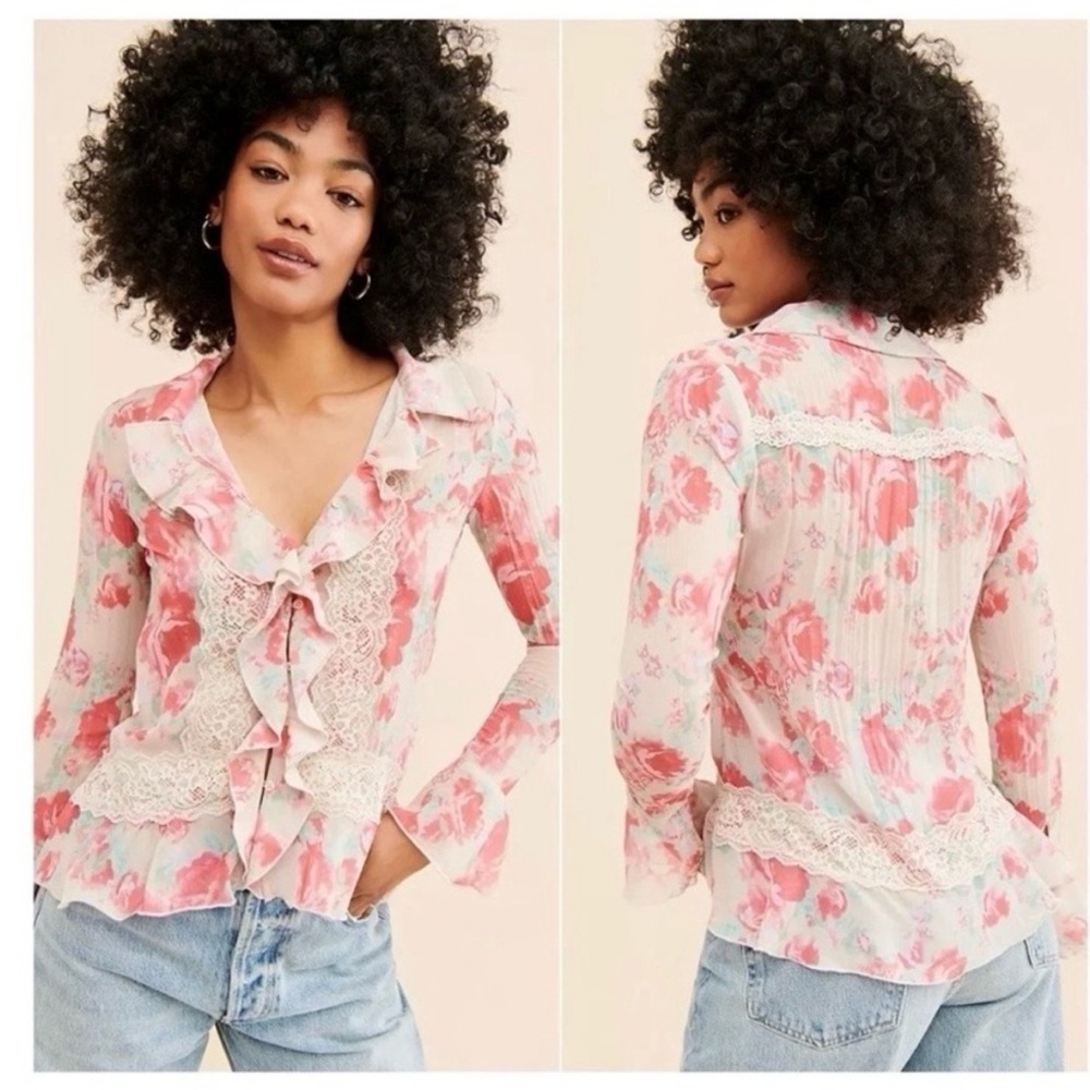 Free people Pink Floral Lace Ruffle Blouse medium boho top